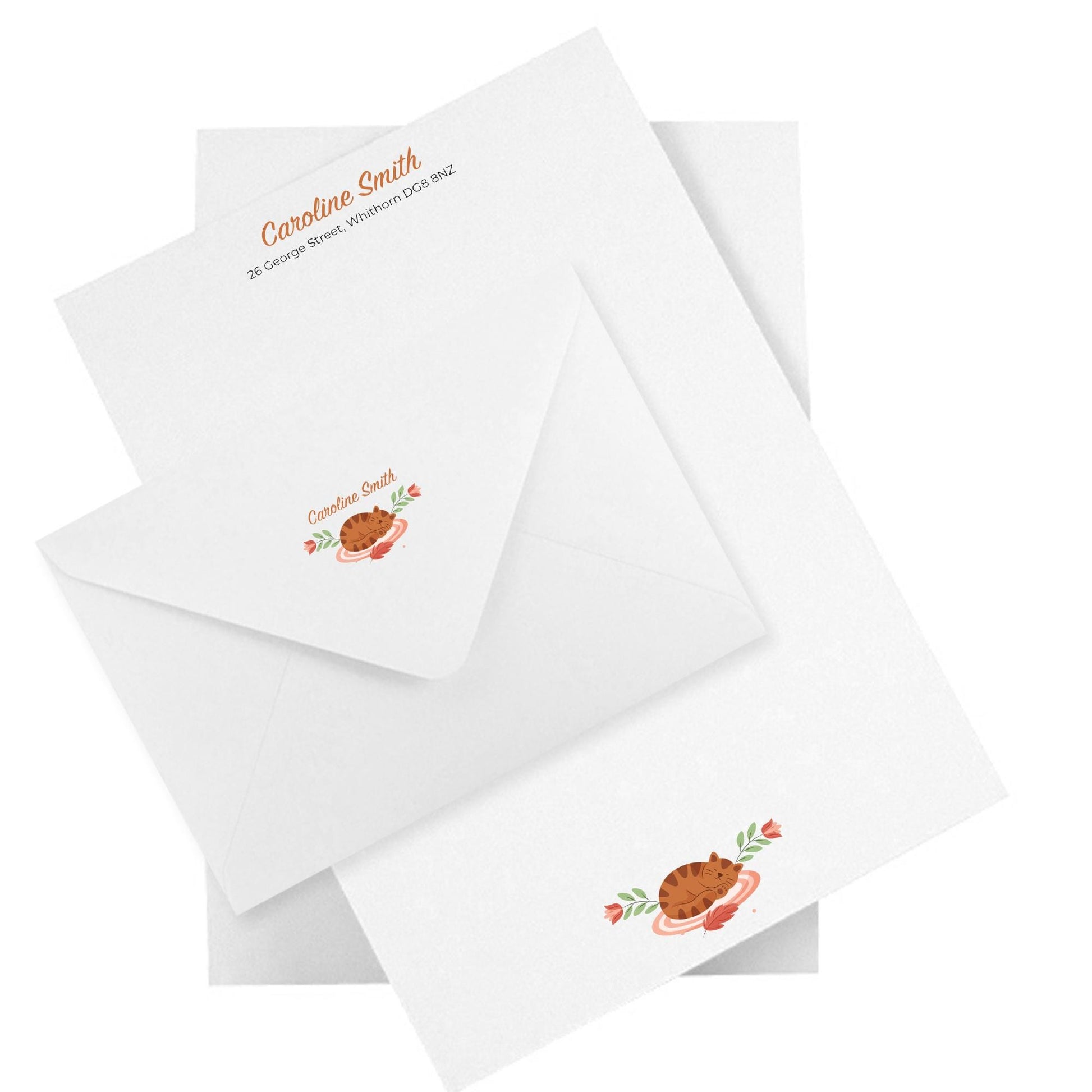 Cat Lovers Personalised Notepaper & Envelopes - Stationery Set: Thick Luxury 140gsm A5 paper with matching printed envelopes.