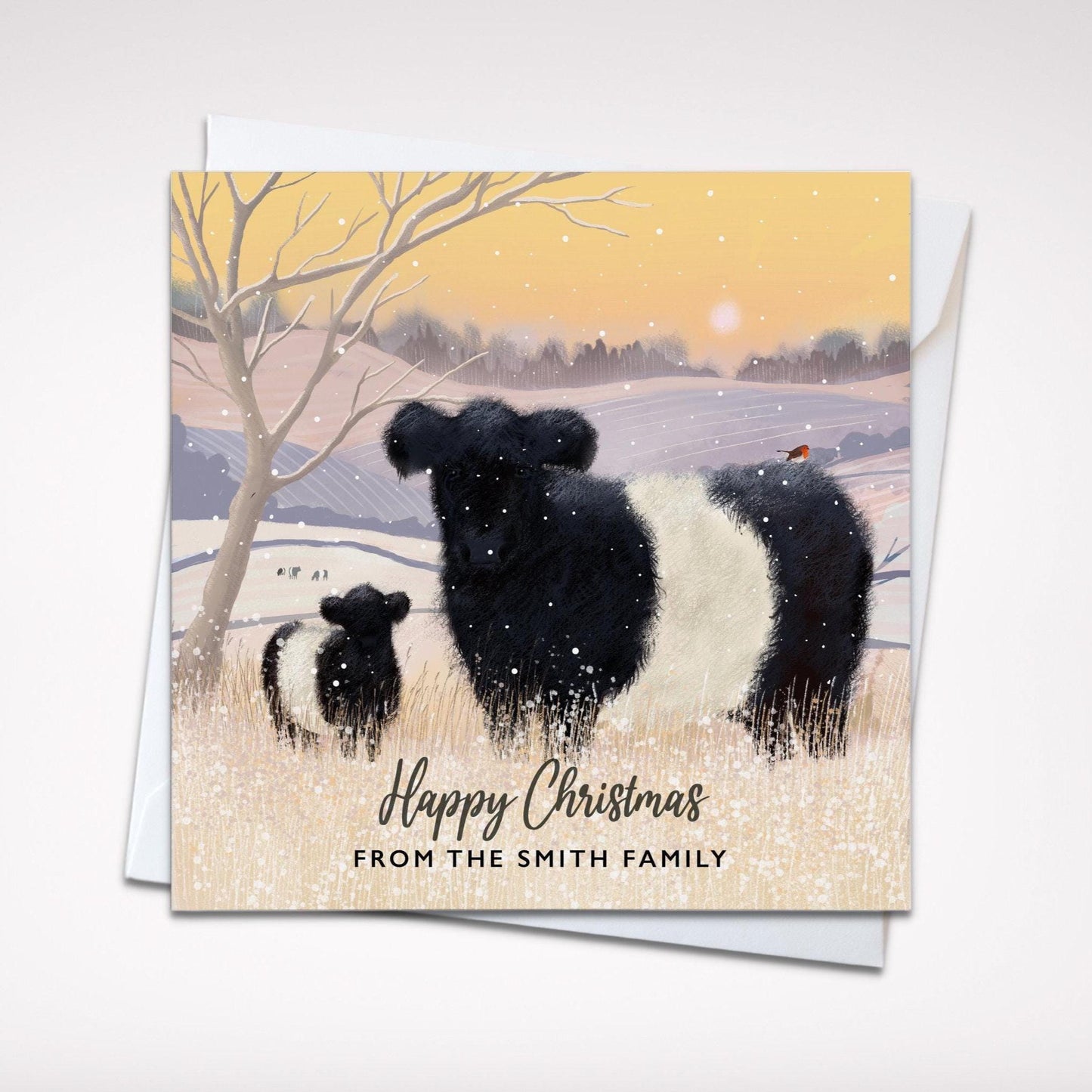 Belted Galloway Christmas card. Winter card. Can be personalised. Scottish winter landscape. Seasonal card.