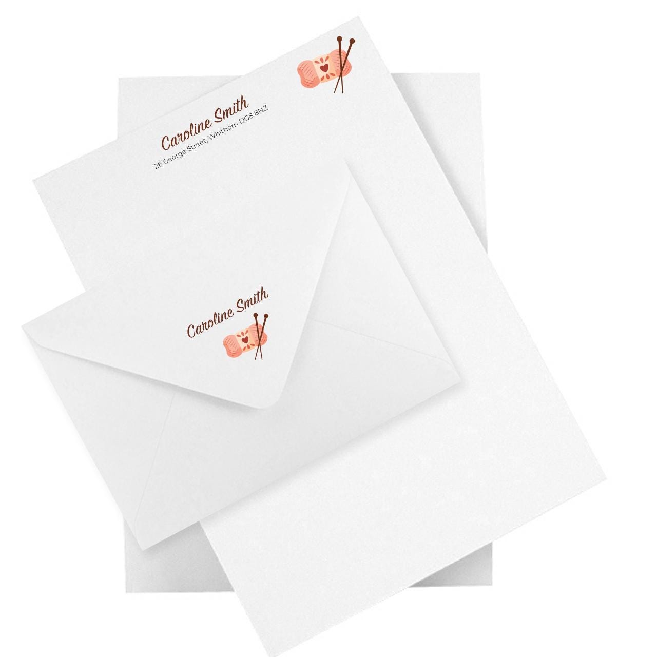 Knitters Personalised Notepaper & Envelopes - Stationery Set: Thick 140gsm A5 paper with matching printed envelopes. Pink, White or Almond