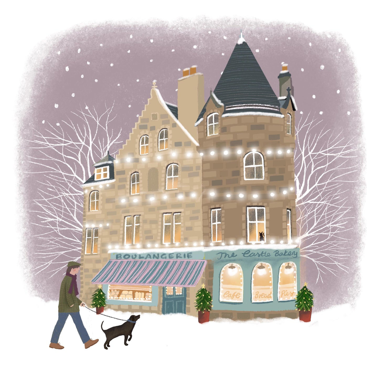 Christmas Shopfront Notecards with dog walkers: Pack of 8