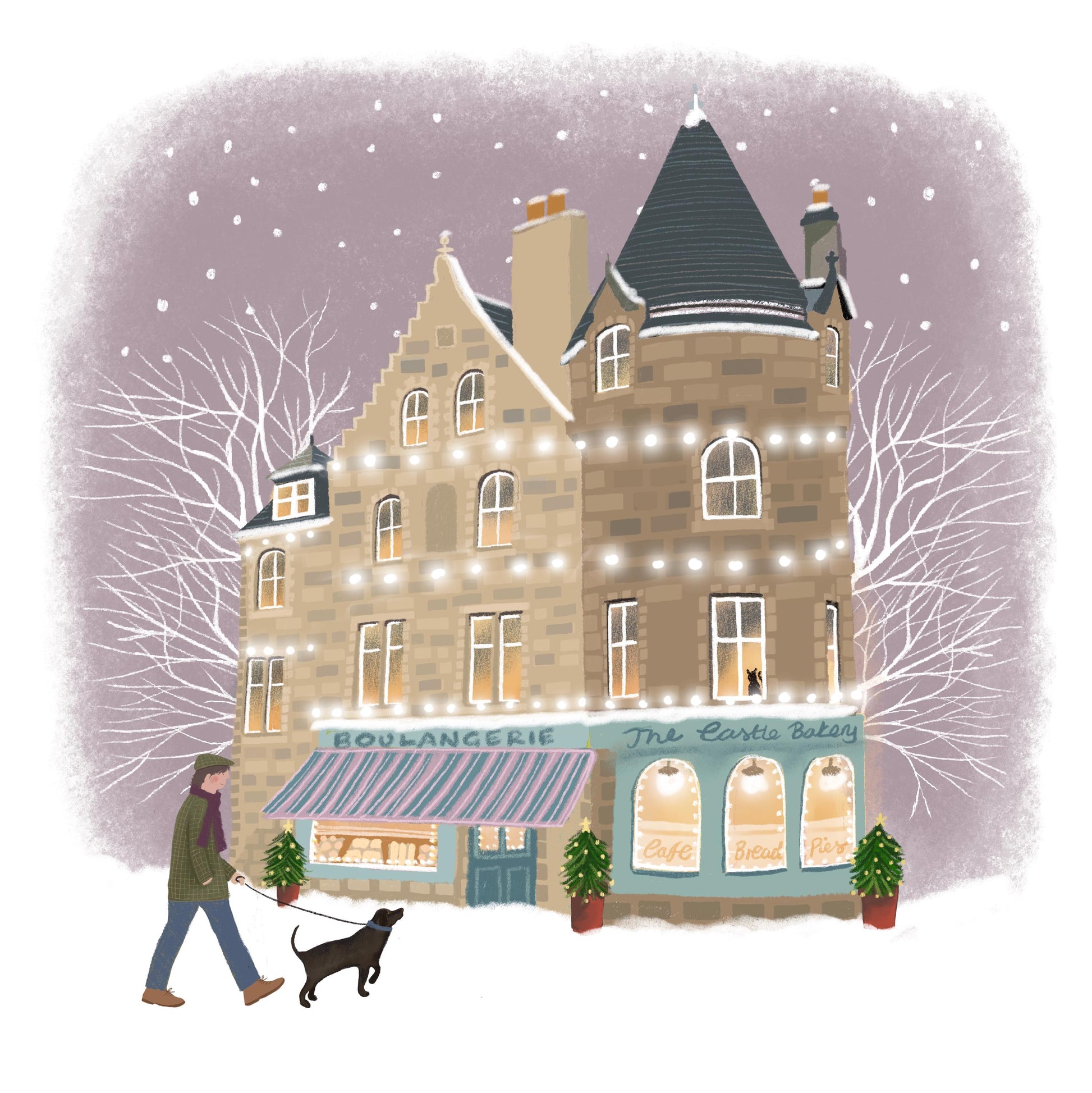 Christmas Shopfront Notecards with dog walkers: Pack of 8