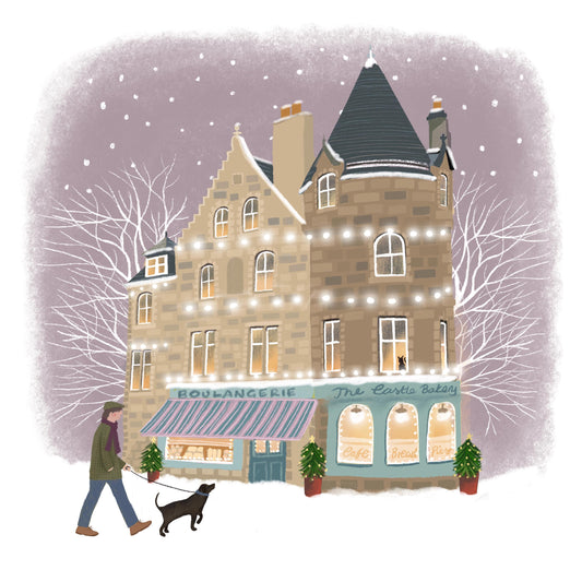 Christmas Shopfront Notecards with dog walkers: Pack of 8