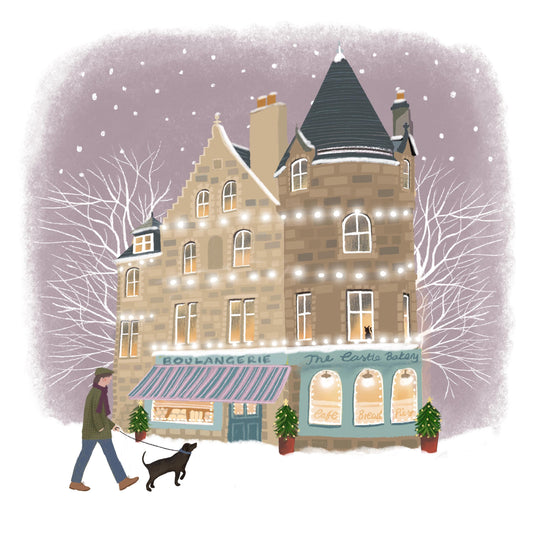 Christmas Shopfront Art Cards with dog walkers: Set of 4