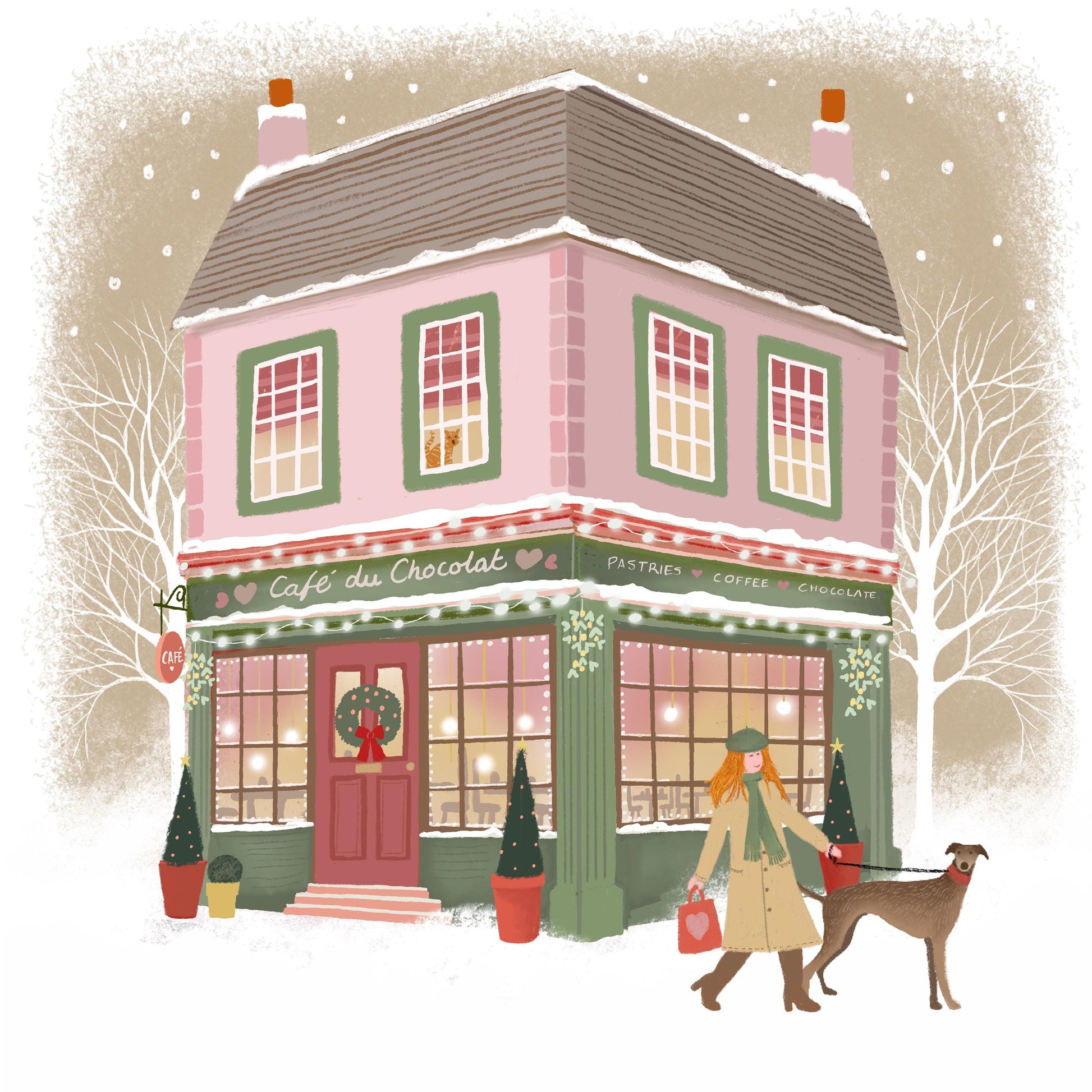 Christmas Shopfront Notecards with dog walkers: Pack of 8