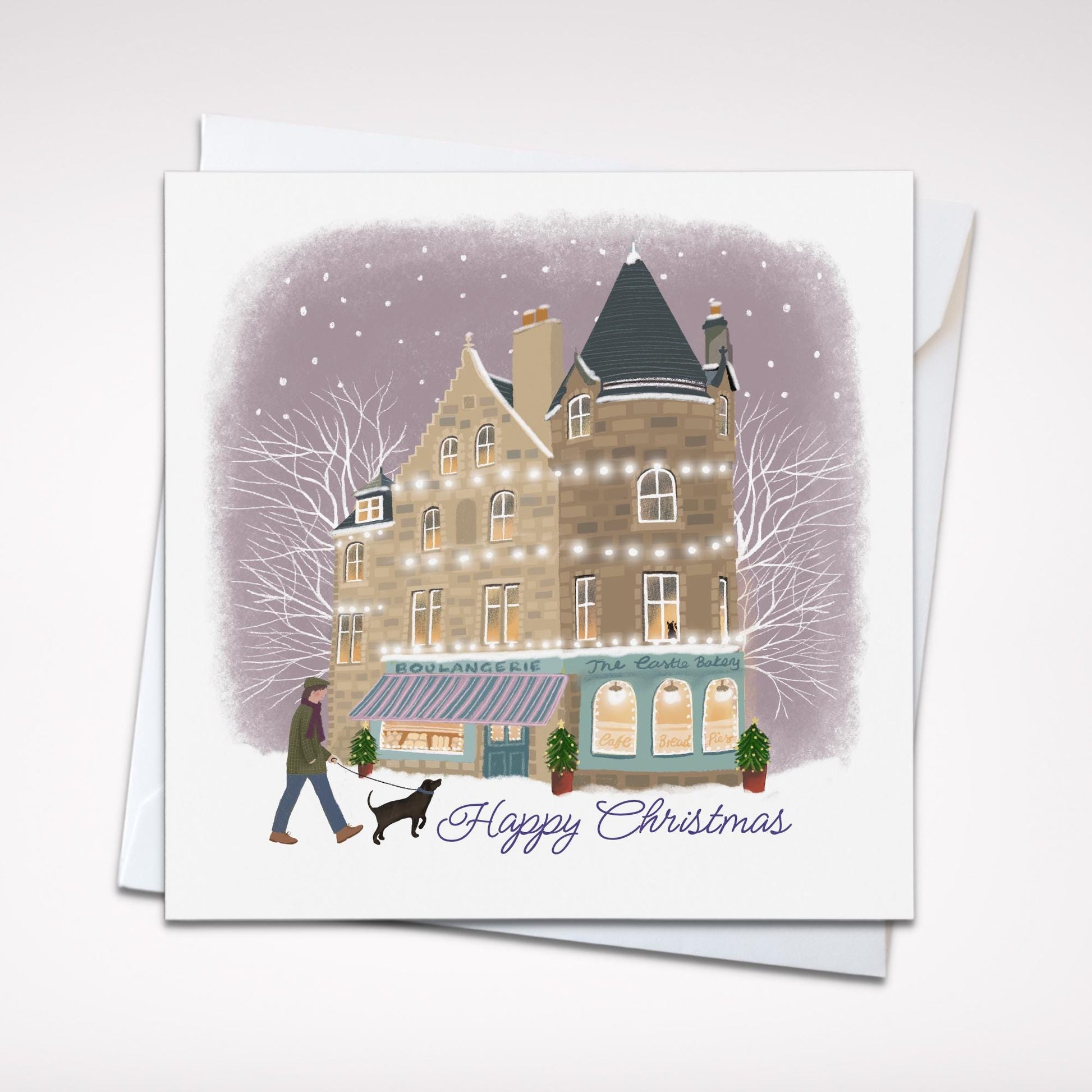 Christmas Shopfront Art Cards with dog walkers: Set of 4