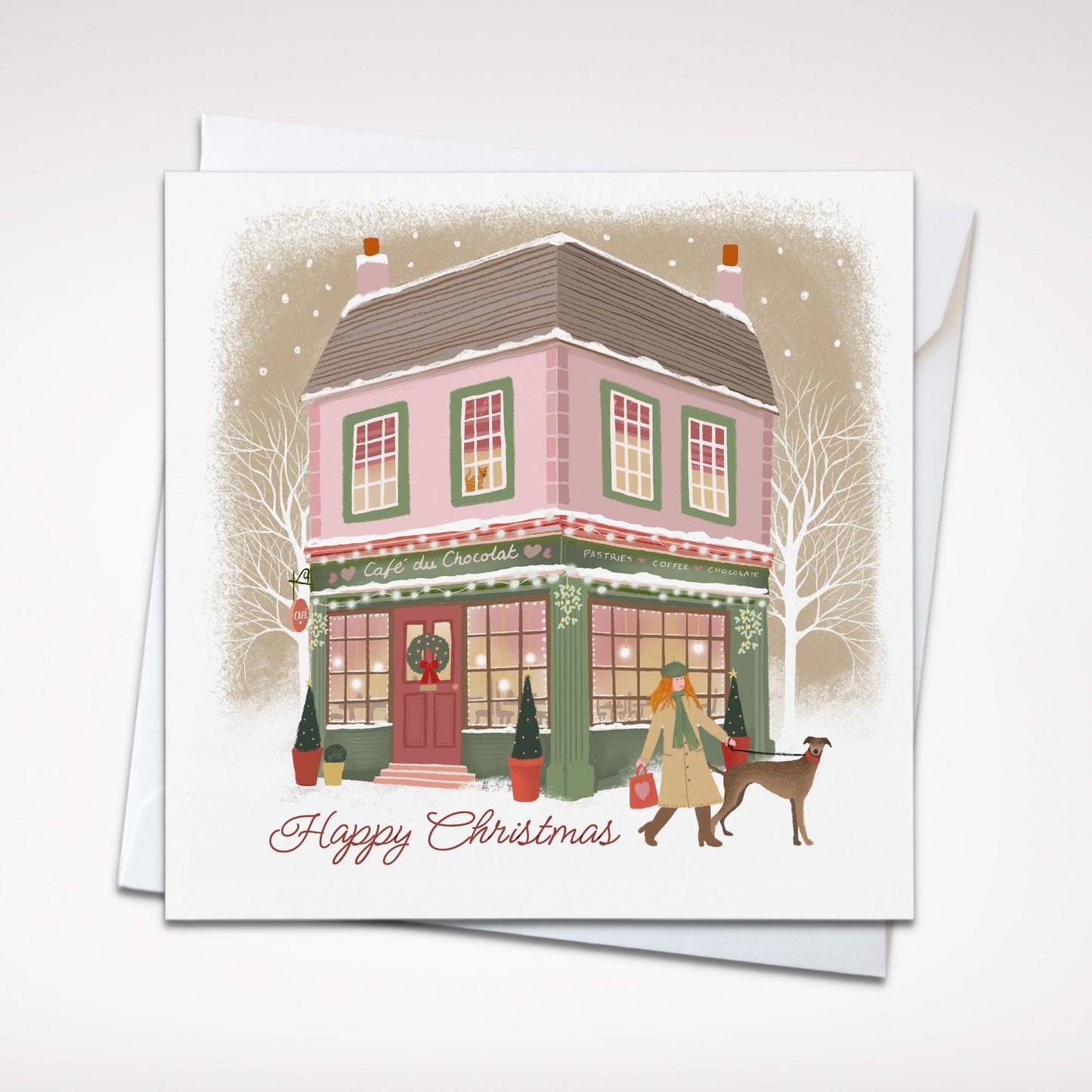Christmas Shopfront Art Cards with dog walkers: Set of 4
