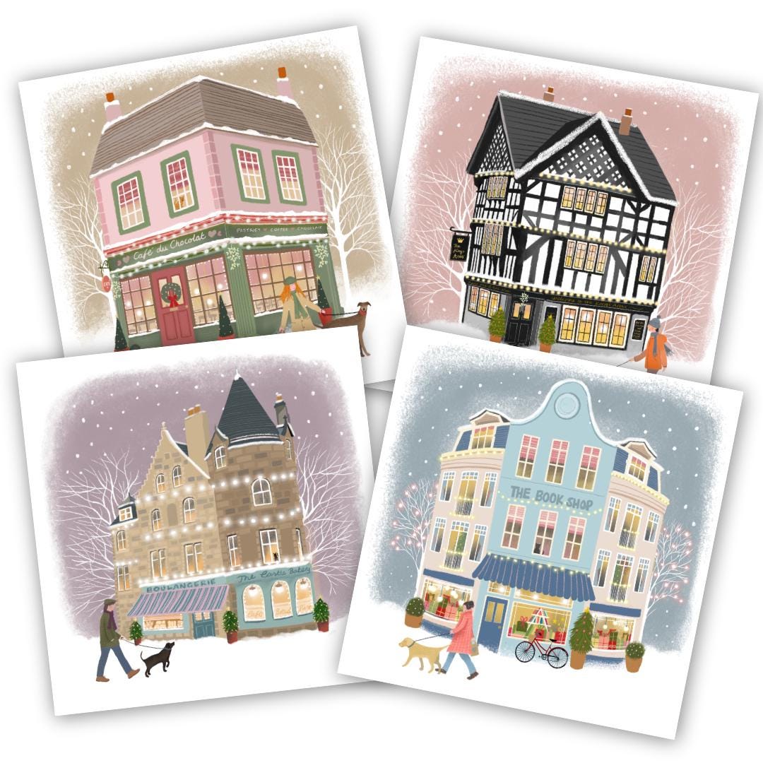 Christmas Shopfront Art Cards with dog walkers: Set of 4