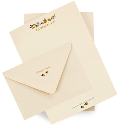 Autumn leaves and berries - Personalised Stationery Set: Thick Luxury 140gsm A5 Notepaper & matching printed envelopes. Letter writing gift