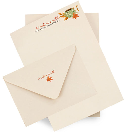 Cosy Autumn Notepaper & Envelopes - Personalised Stationery Set: Thick Luxury 140gsm A5 paper with matching printed envelopes.