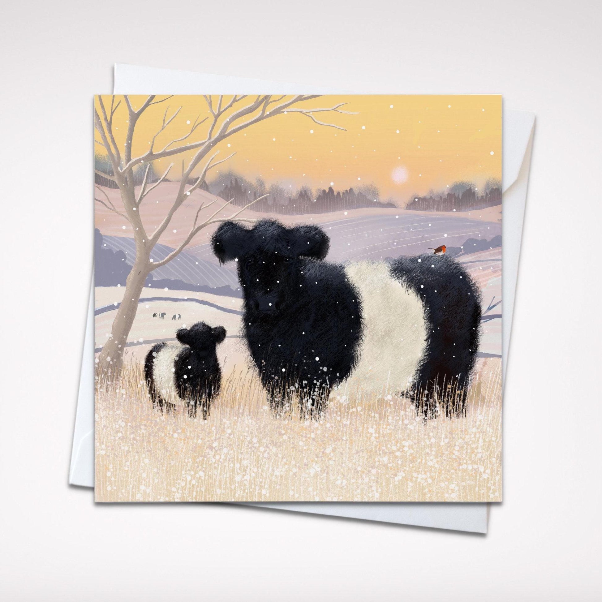 Belted Galloway Christmas card. Winter card. Can be personalised. Scottish winter landscape. Seasonal card.