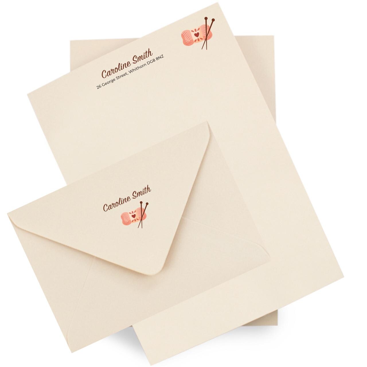 Knitters Personalised Notepaper & Envelopes - Stationery Set: Thick 140gsm A5 paper with matching printed envelopes. Pink, White or Almond