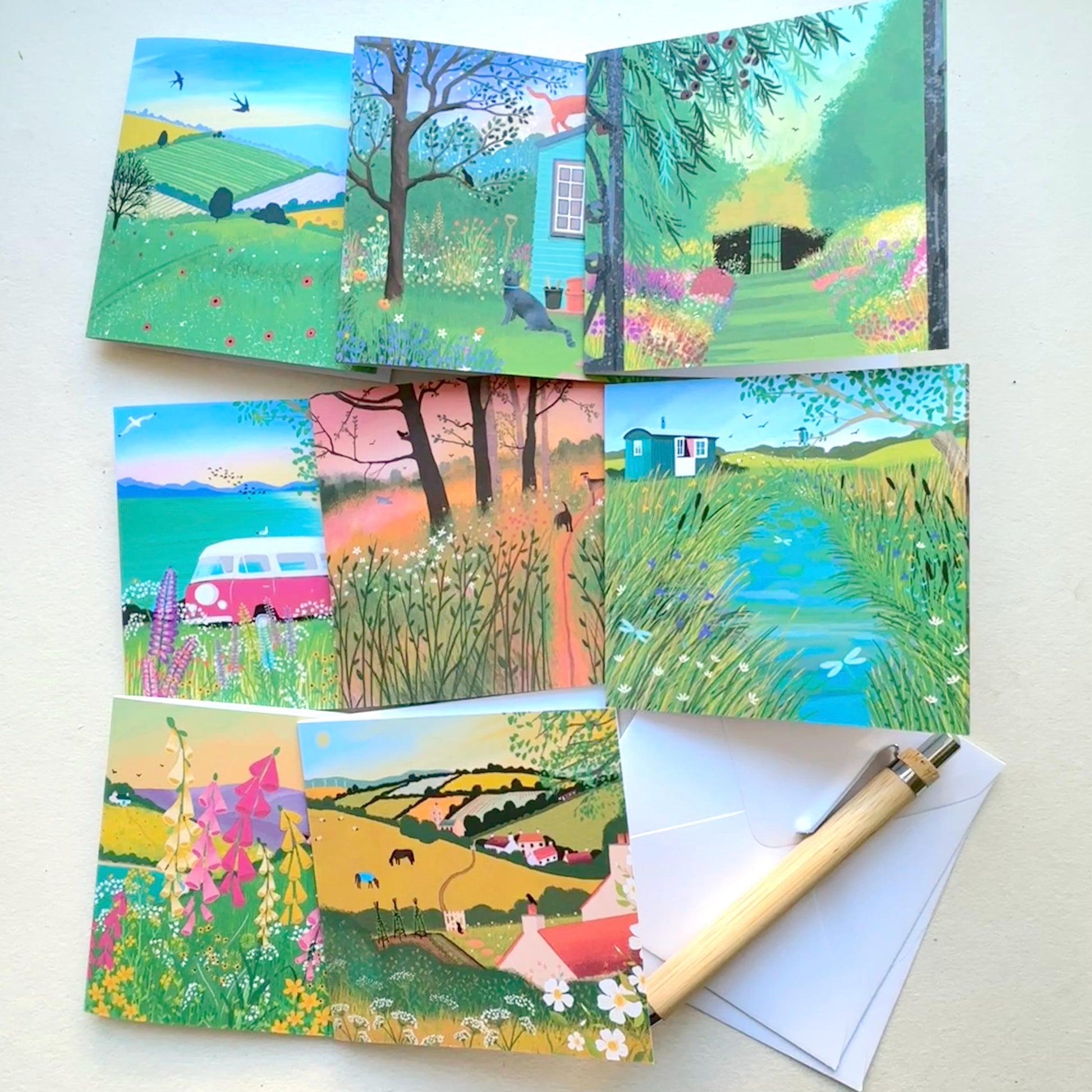 Box of Notelets from original art. Pack of Six Notelet Cards in box. Summer in the Country Designs. Small gift. Thank you cards.