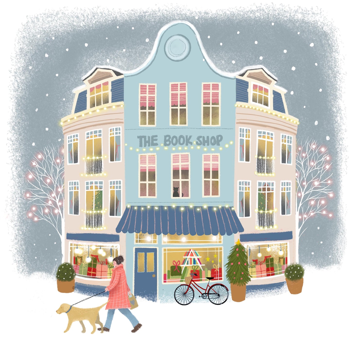 Christmas Shopfront Notecards with dog walkers: Pack of 8