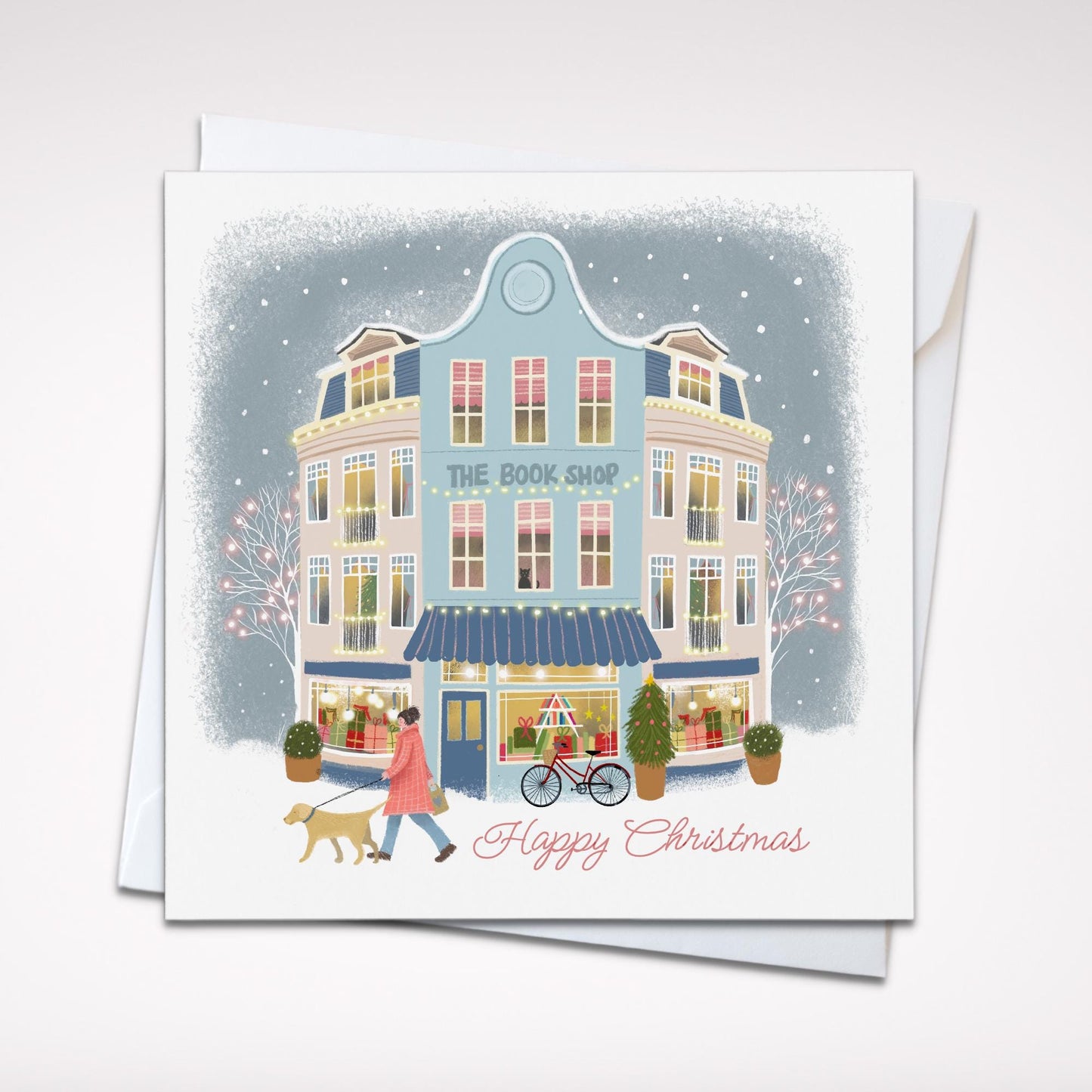 Christmas Shopfront Art Cards with dog walkers: Set of 4