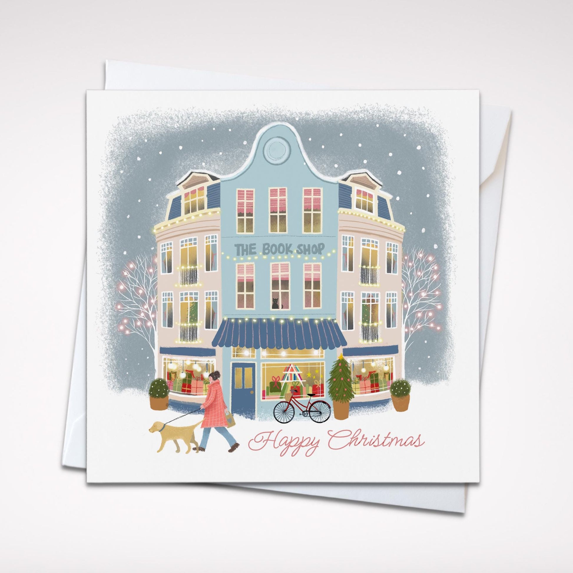 Christmas Shopfront Art Cards with dog walkers: Set of 4