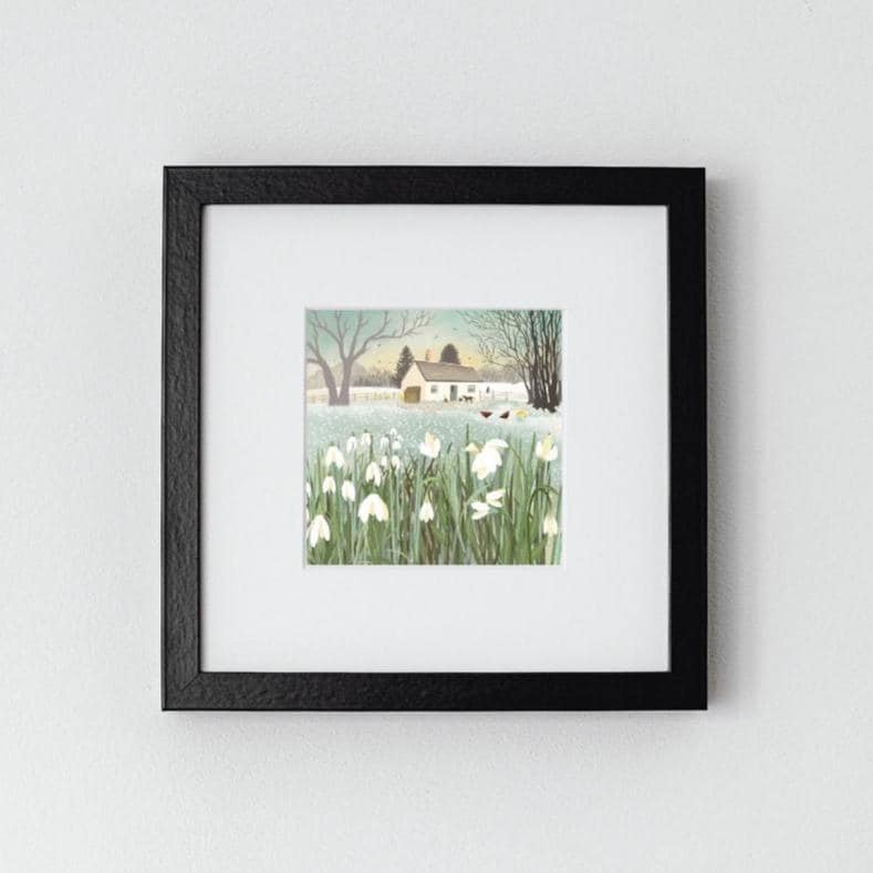 Snowdrop Croft Wall Art: Snowdrops in a winter country cottage garden, Farmhouse Decor, Original Art