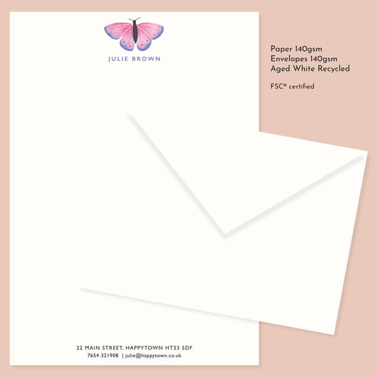 Personalised Pink Butterfly Stationery Set: A5 Writing Paper, Luxury Vintage Style Notepaper