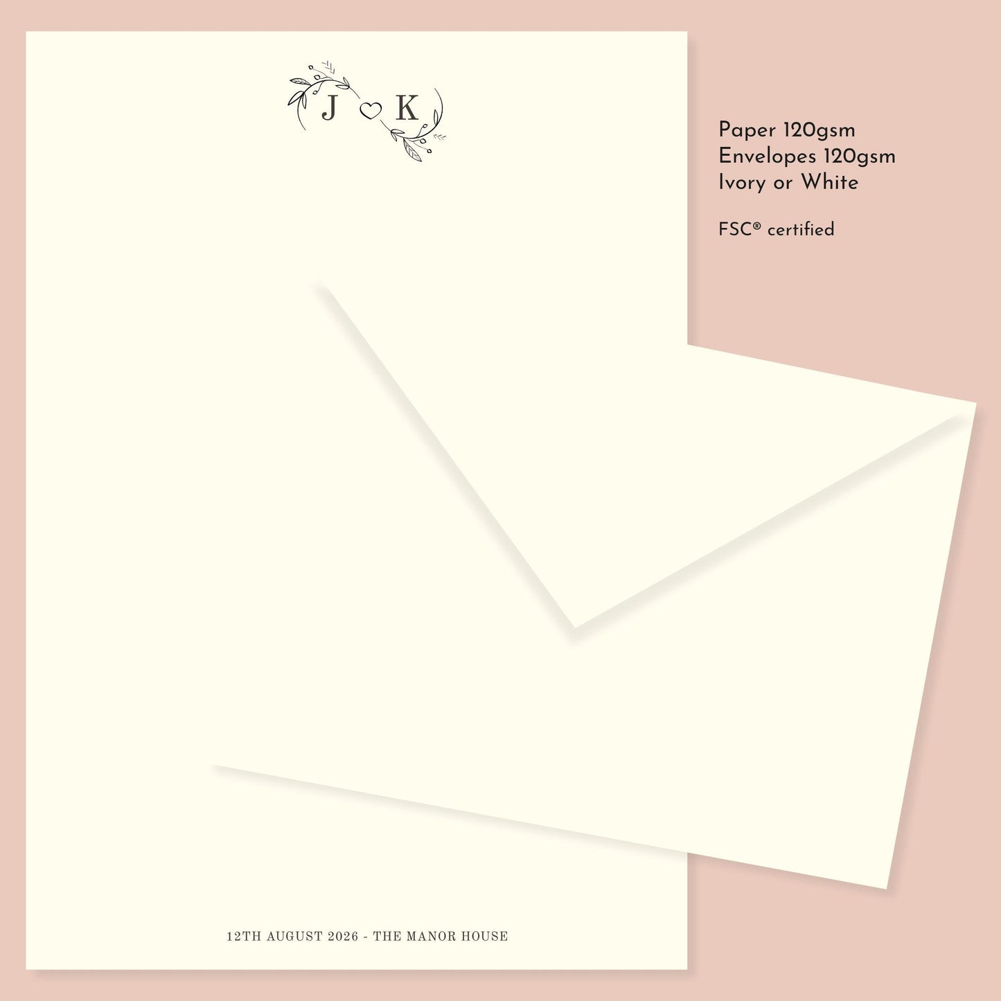 Luxury Monogrammed Wedding Personalised Stationery. Letter writing paper and envelopes. Vintage Style Wedding Notepaper and Envelopes.