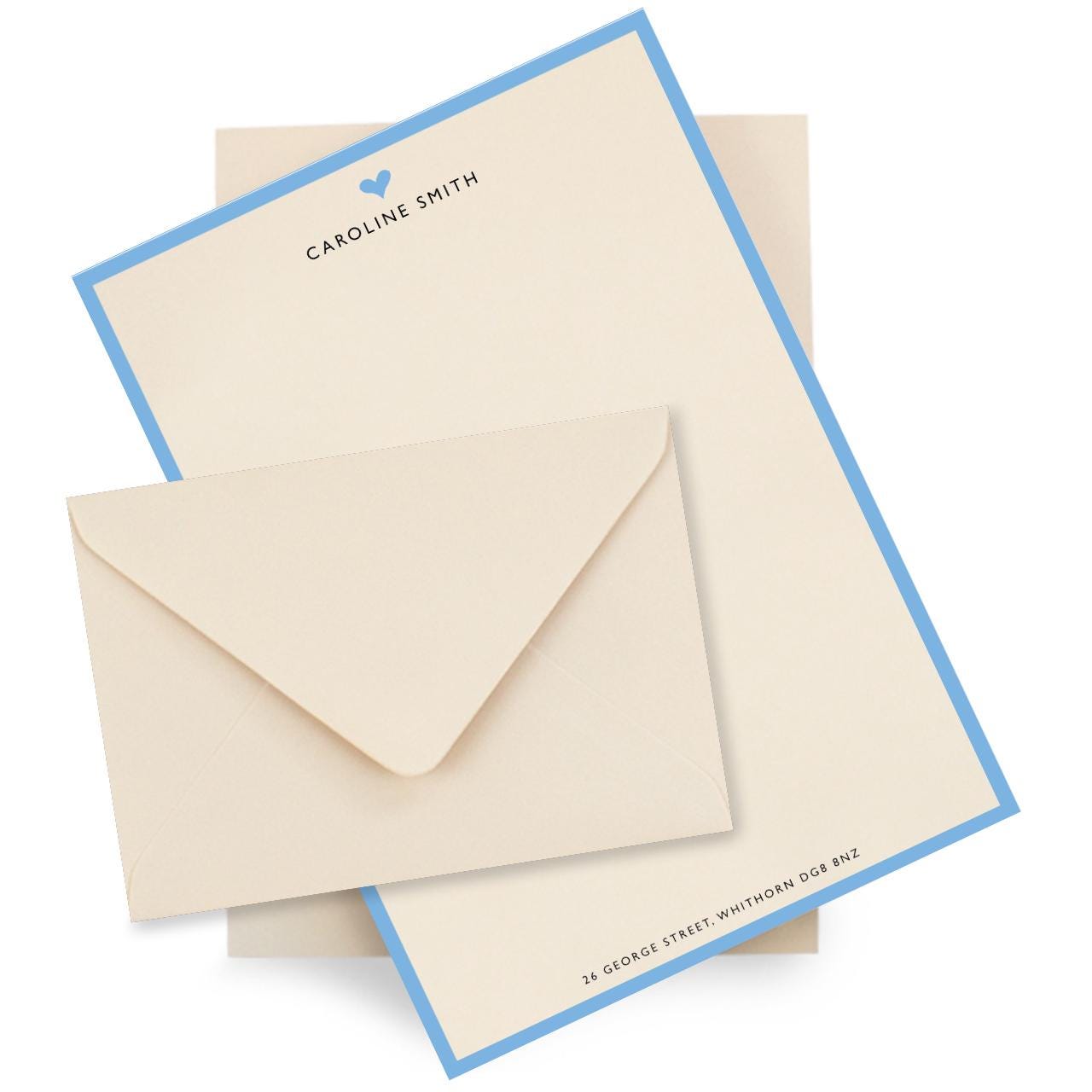 Personalised Blue Border with Heart Stationery Set. Lovely thick A5 Writing paper and matching envelopes. Vintage Style letter writing.