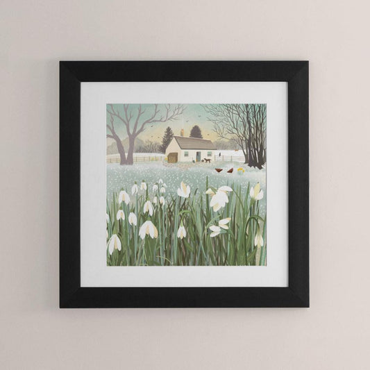 Snowdrop Croft Wall Art: Snowdrops in a winter country cottage garden, Farmhouse Decor, Original Art