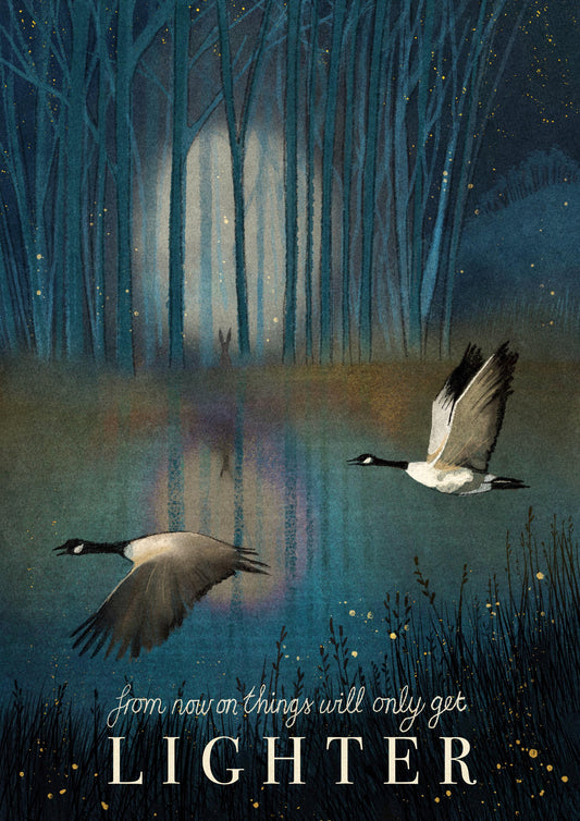 Winter Solstice Wall Art: Geese in flight through a winter woodland landscape, Original Artwork