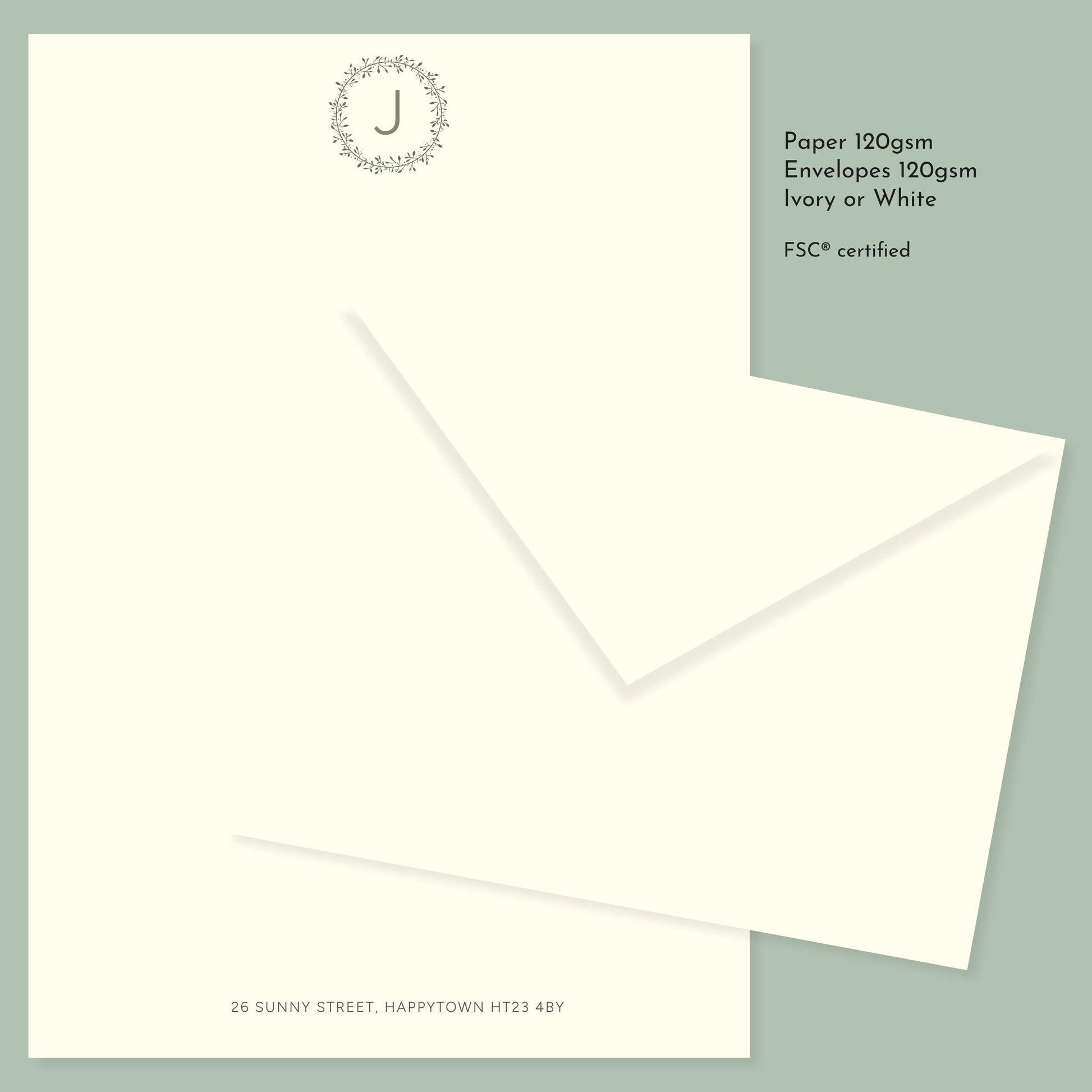 Luxury Leaf Monogrammed Personalised Stationery. Letter writing paper and envelopes. Leaves design. Vintage Style Notepaper and Envelopes.