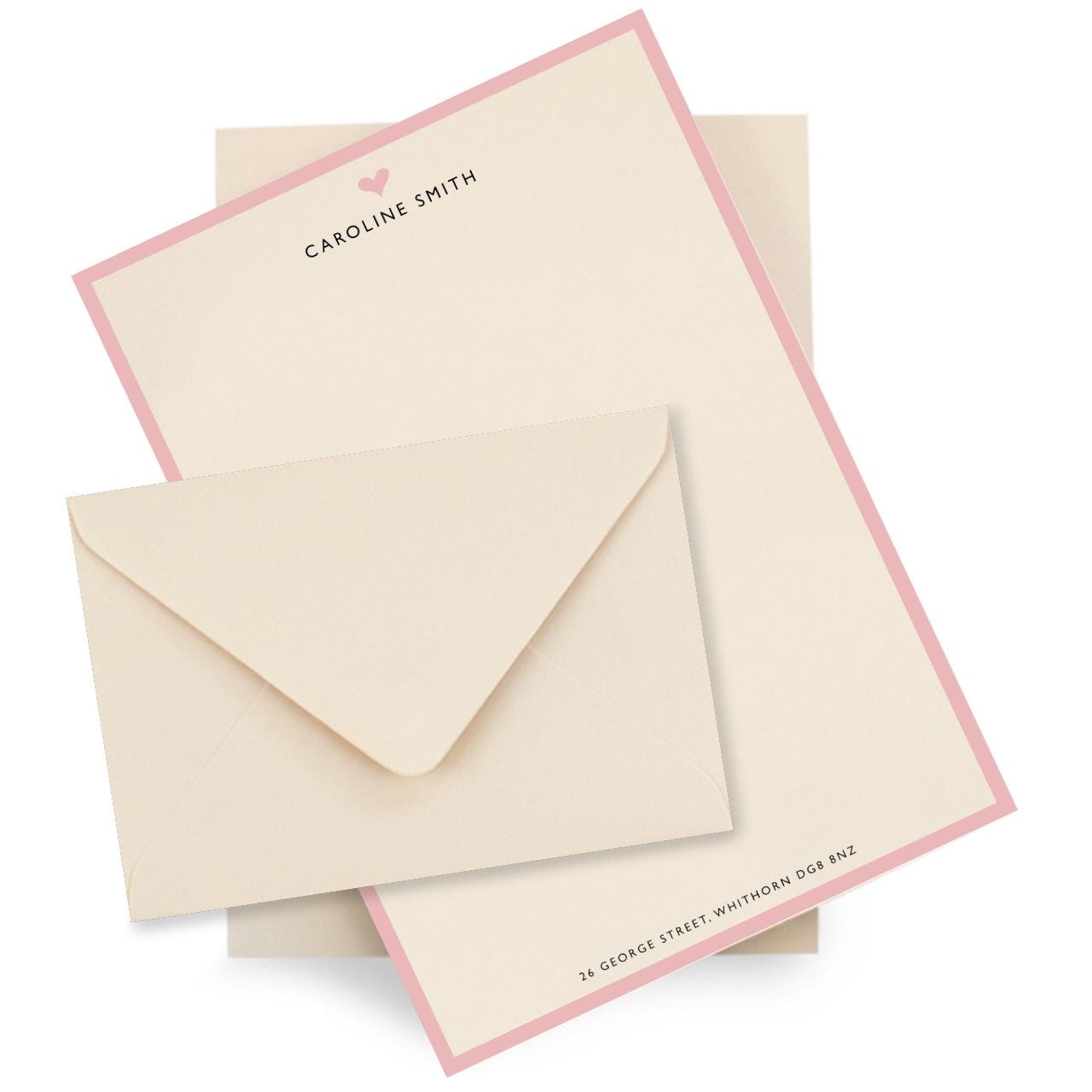 Personalised Pink Border with heart Stationery Set. Lovely thick A5 Writing paper and matching envelopes. Vintage Style letter writing.
