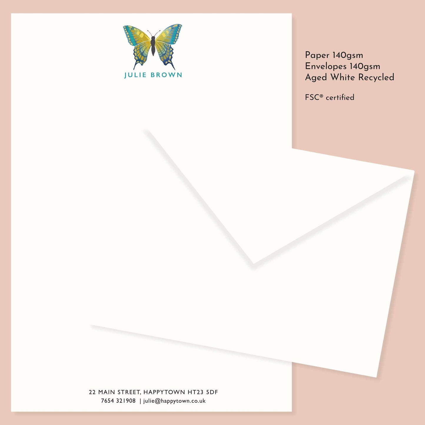 Personalised Blue Butterfly Stationery Set: A5 Writing Paper, Luxury Vintage Style Notepaper