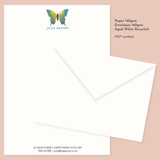 Personalised Blue Butterfly Stationery Set: A5 Writing Paper, Luxury Vintage Style Notepaper