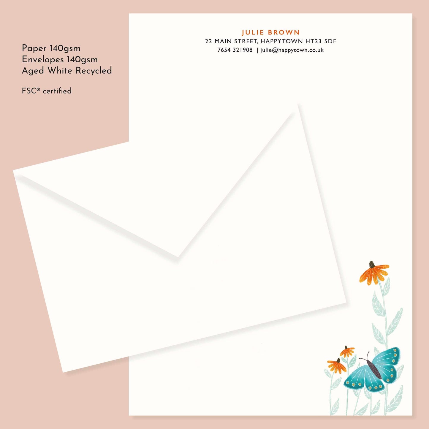 Personalised Butterfly and Flowers Stationery Set: A5 Writing Paper, Luxury Vintage Style Notepaper