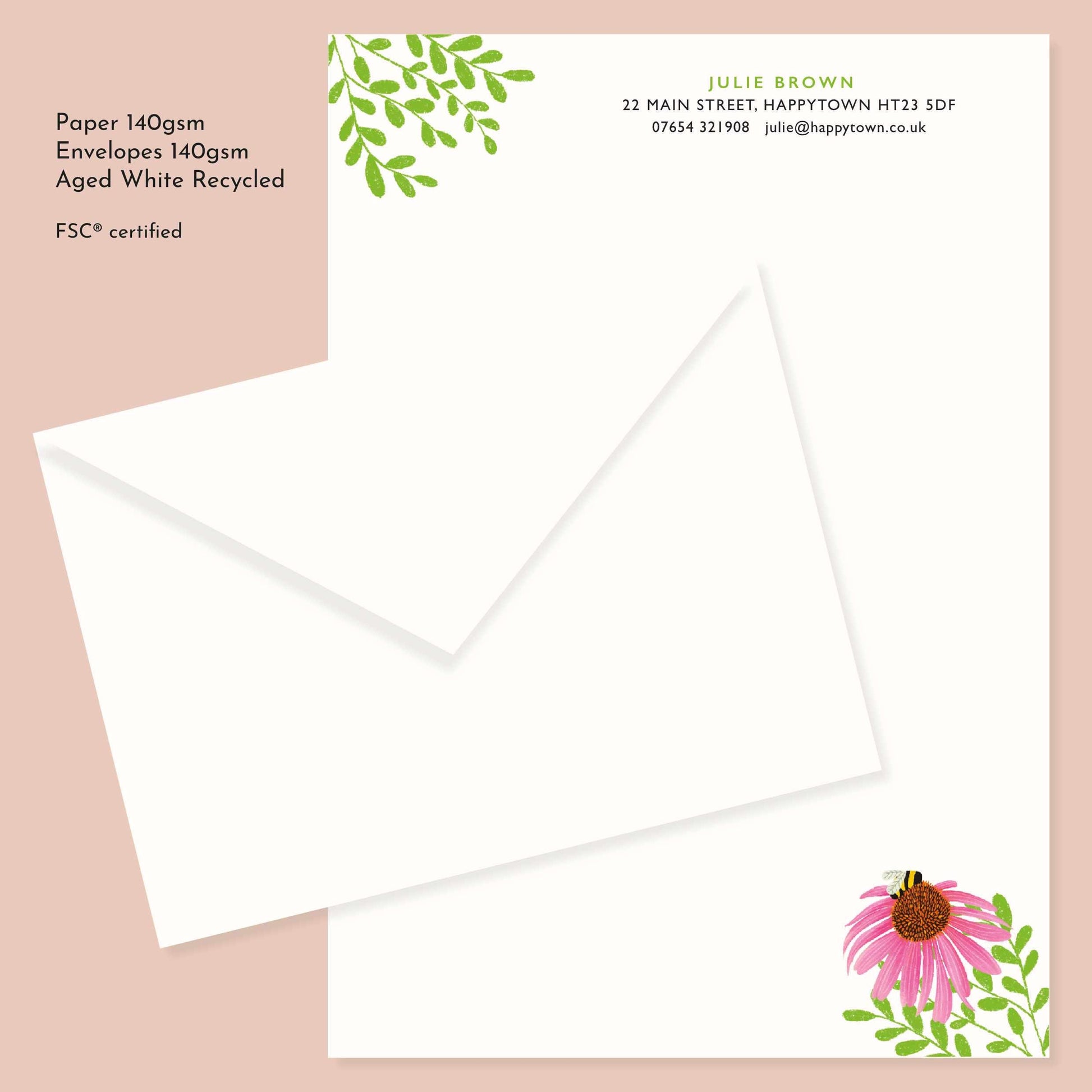 Personalised Flowers and Bee Stationery Set: A5 Writing Paper, Luxury Vintage Style Notepaper