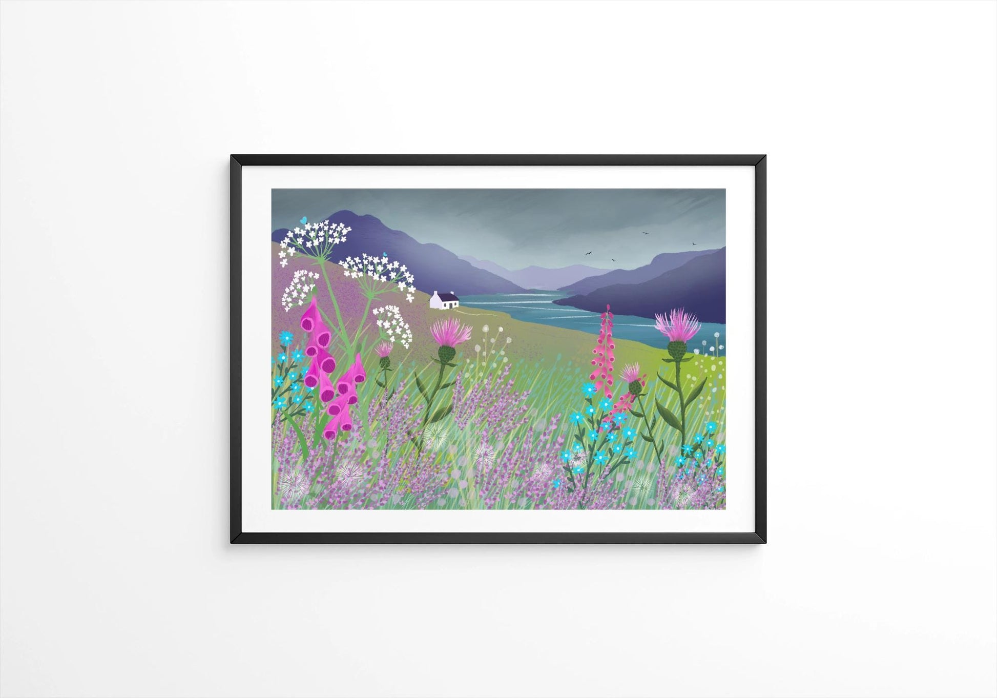 Highland Fling - Signed Giclee Print. Art print, Home Decor, Office Art. Wildflowers with view of a Highland Loch, Scotland