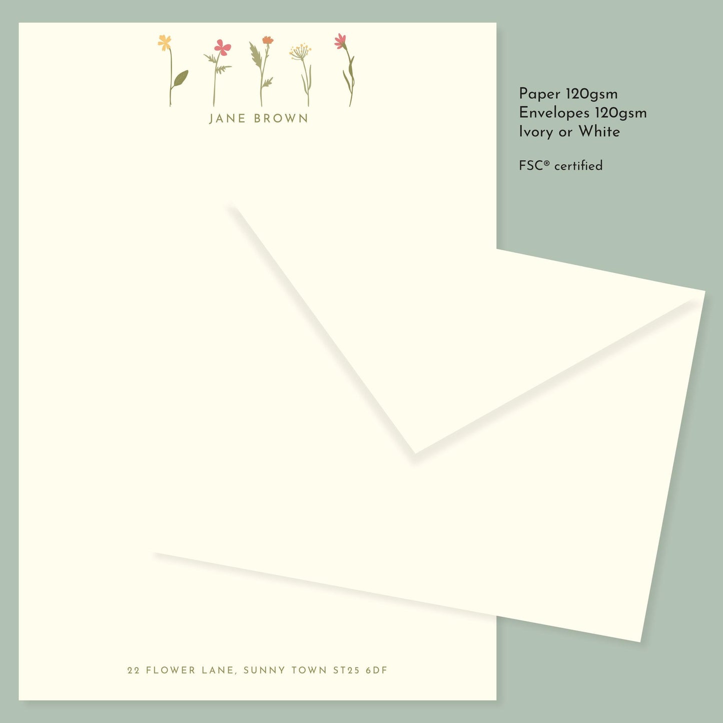 Little Flowers Personalised Stationery. A5 Writing paper and matching envelopes. Vintage Style Notepaper and Envelopes.
