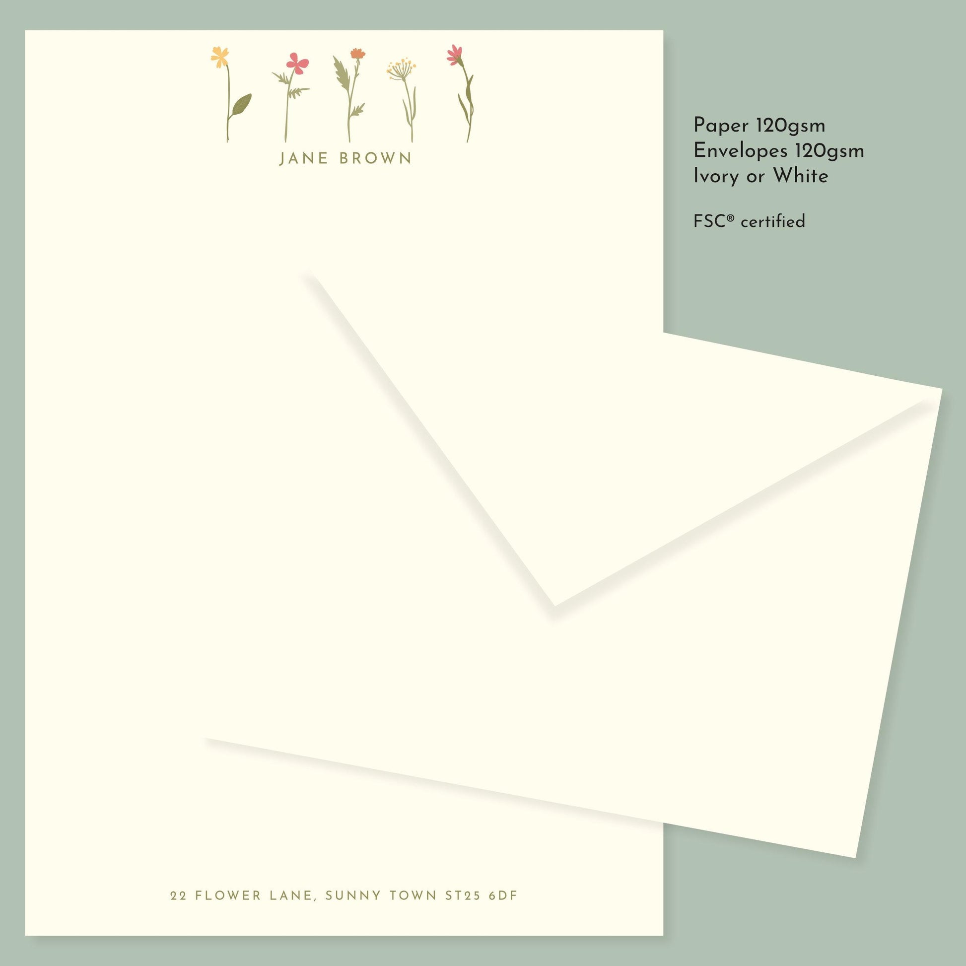 Little Flowers Personalised Stationery. A5 Writing paper and matching envelopes. Vintage Style Notepaper and Envelopes.