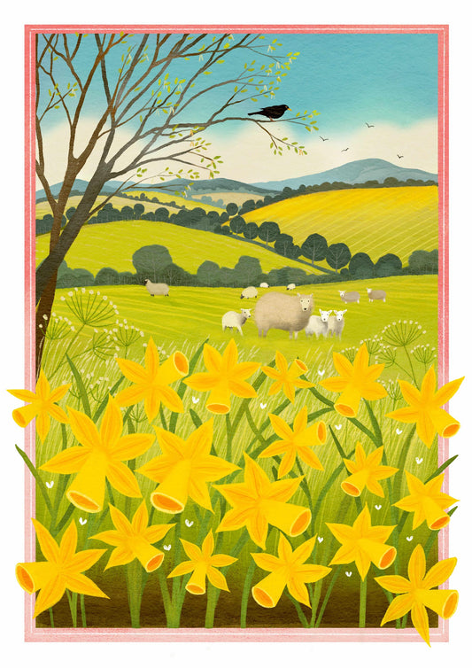 Golden Daffodils Spring Wall Art: bright and colourful springtime country landscape