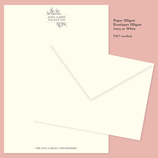 Luxury Monogrammed Wedding Personalised Stationery. Illustrated classic leaf design. Vintage Style Wedding Notepaper and Envelopes.