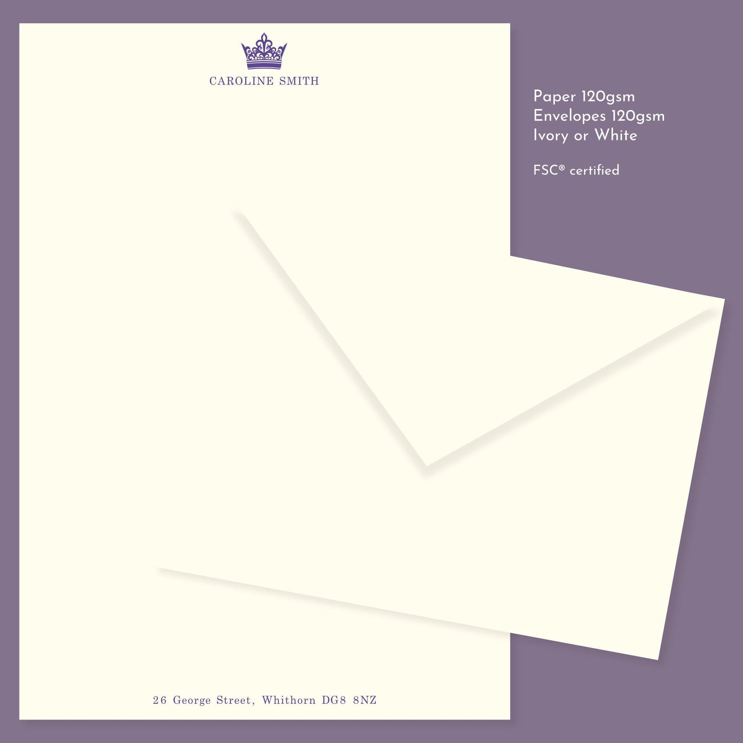 Luxury Crown Personalised Stationery. Letter writing paper and envelopes. Classic design with crown. Vintage Style Notepaper and Envelopes.