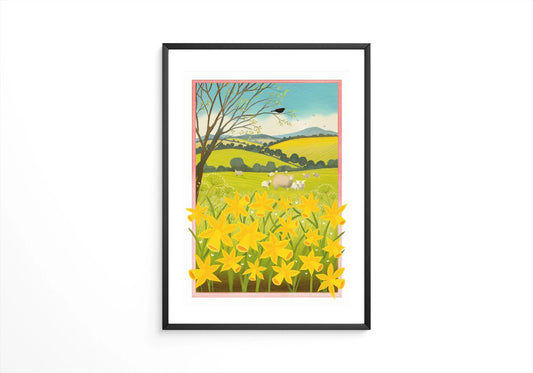 Golden Daffodils Spring Wall Art: bright and colourful springtime country landscape