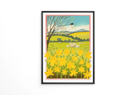 Golden Daffodils Spring Wall Art: bright and colourful springtime country landscape