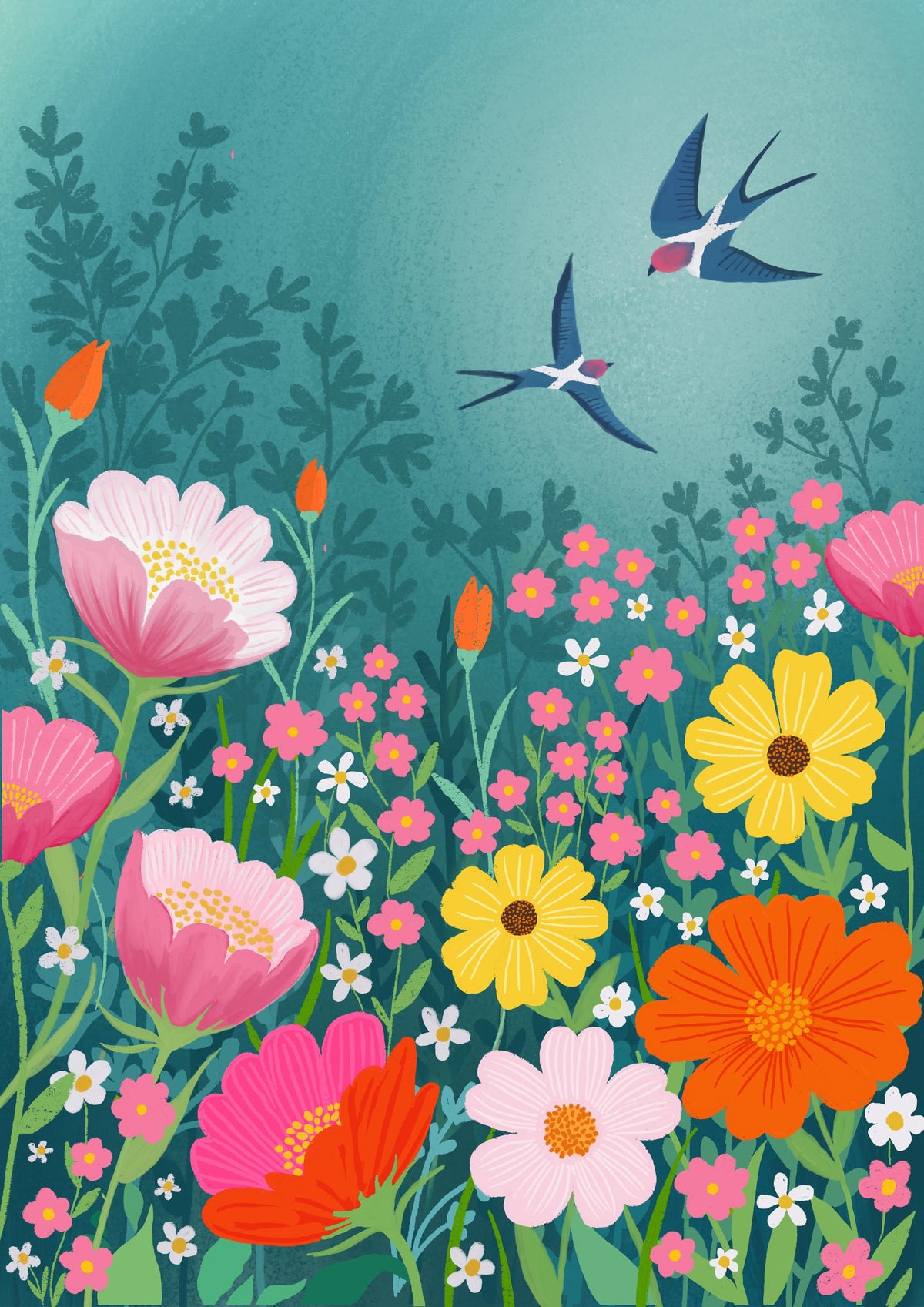 Scottish Summer Swallows Wall Art: bright and colourful summer floral landscape