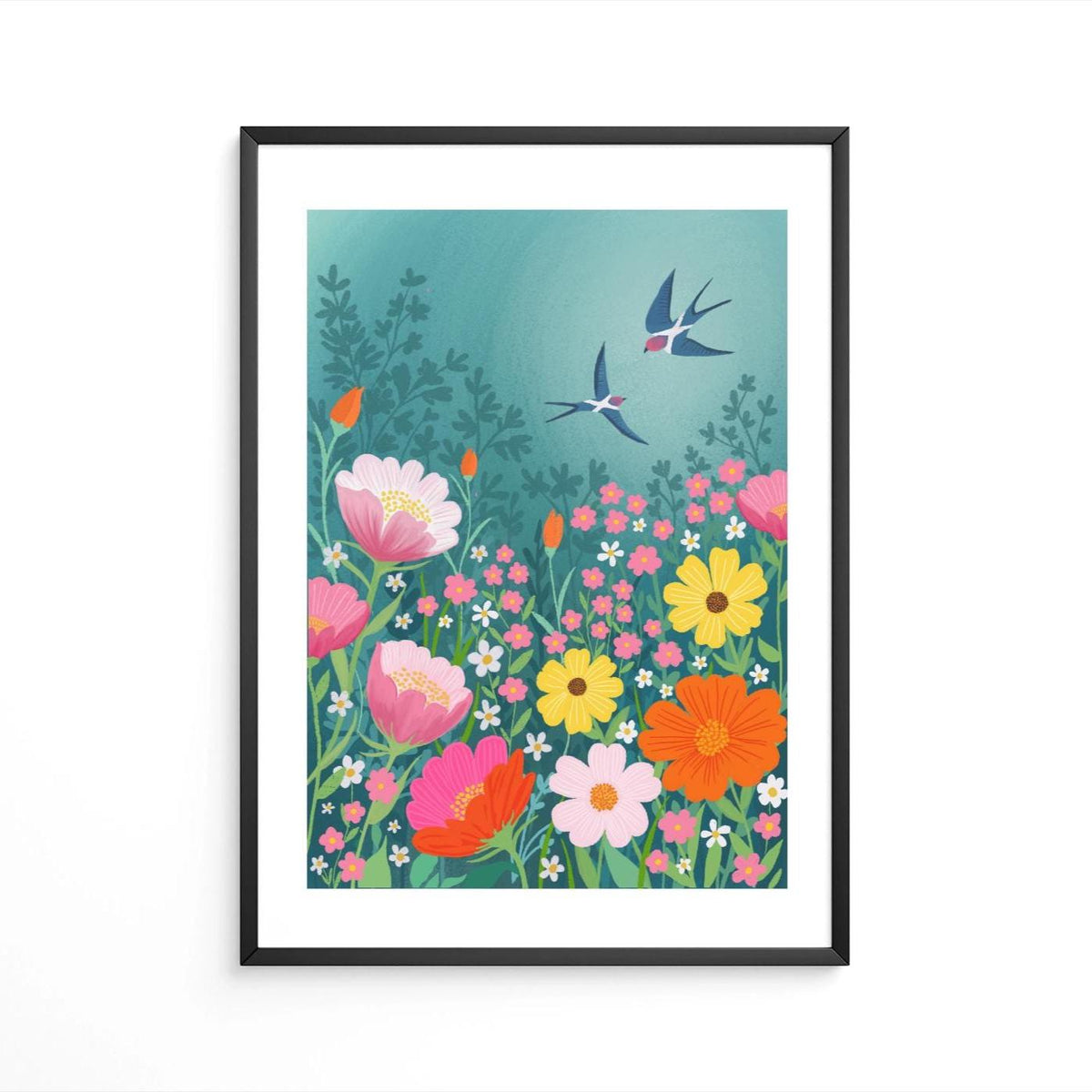Scottish Summer Swallows Wall Art: bright and colourful summer floral landscape