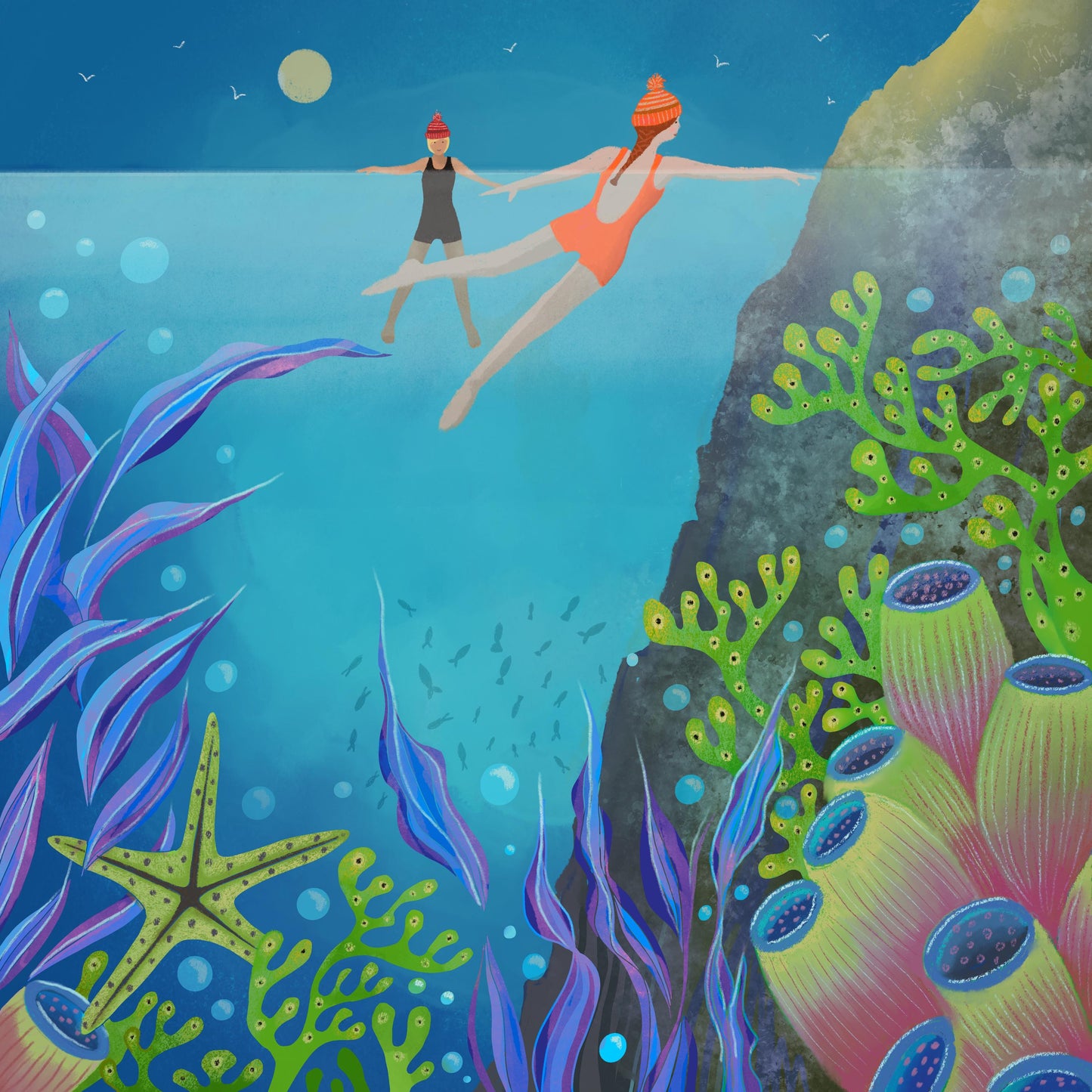 Wild Swimming Wall Art - Bobbing About. Swimmers in the sea. Underwater art. Signed Giclee Print.