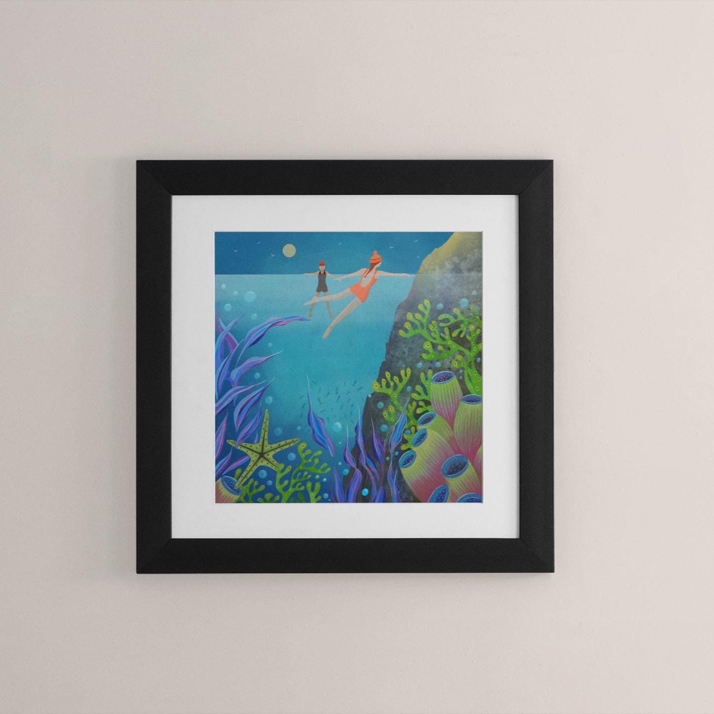 Wild Swimming Wall Art - Bobbing About. Swimmers in the sea. Underwater art. Signed Giclee Print.