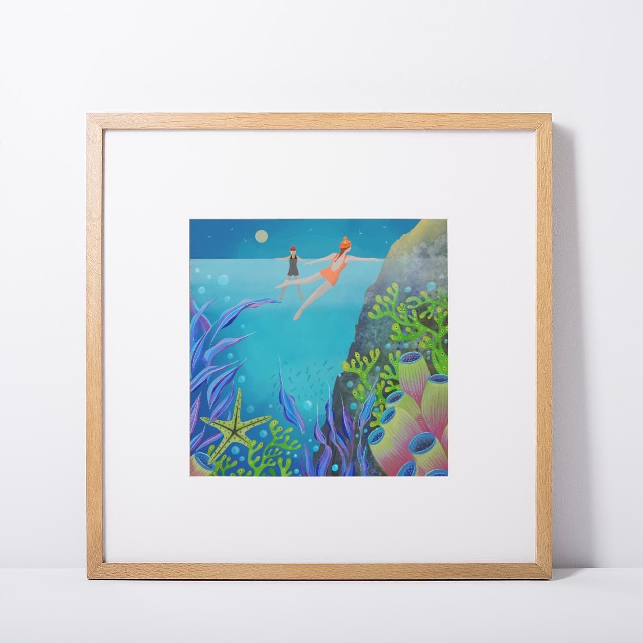 Wild Swimming Wall Art - Bobbing About. Swimmers in the sea. Underwater art. Signed Giclee Print.