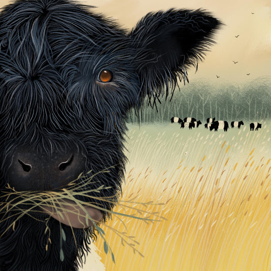 Belted Galloway Wall Art - Lunchtime. Belties in a field. Signed Giclee Print.