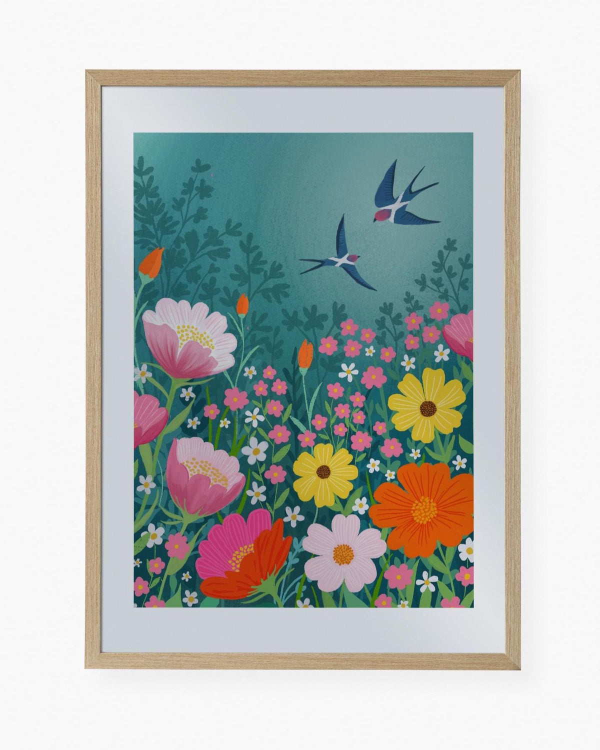 Scottish Summer Swallows Wall Art: bright and colourful summer floral landscape