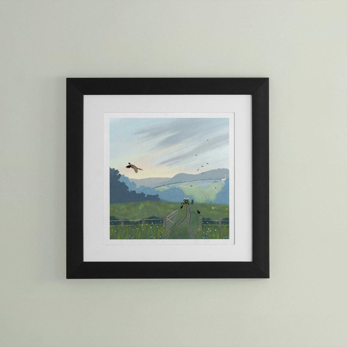 Landrover Country Art Print – Scottish Moorland Landscape with Dogs. Print only, Framed or canvas.