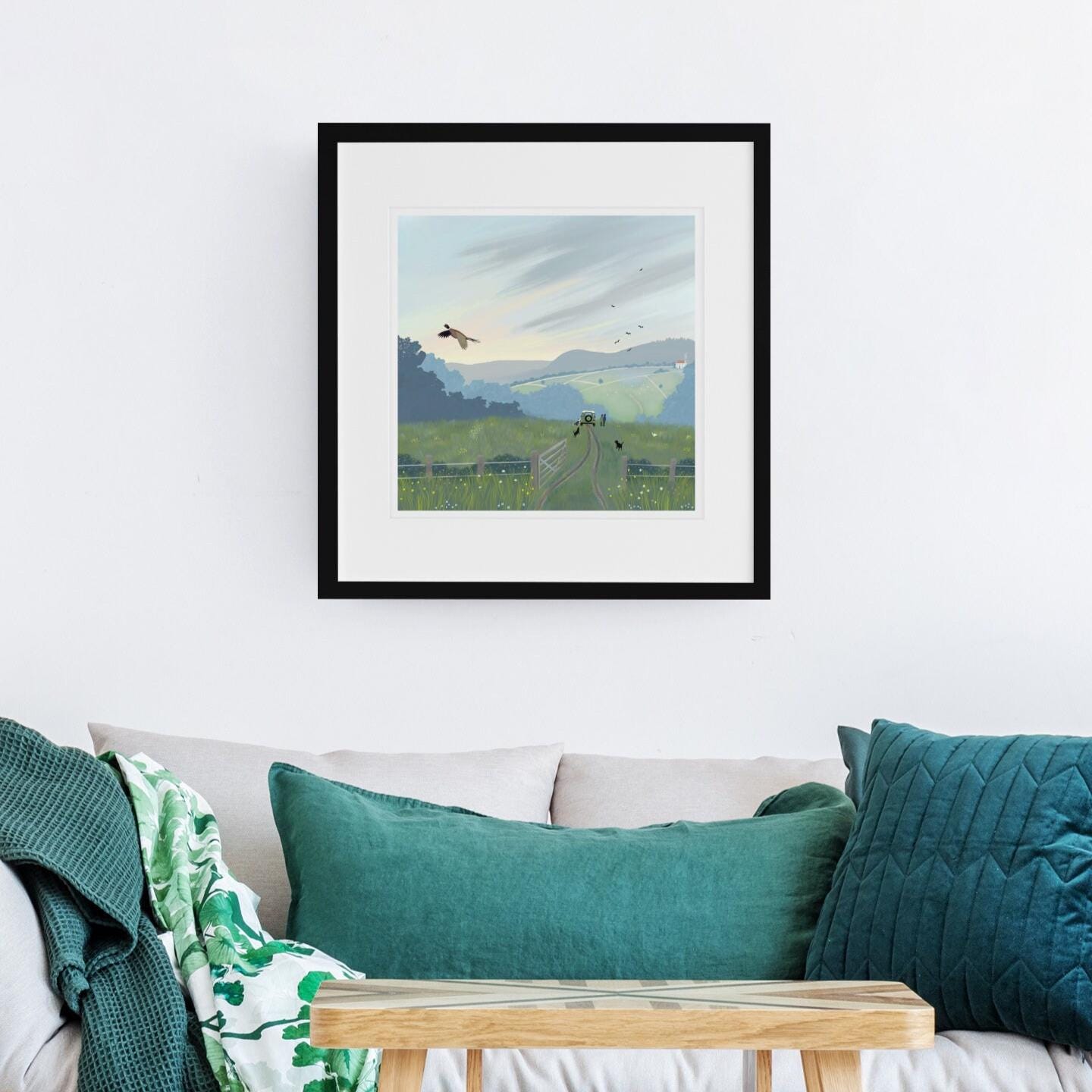 Landrover Country Art Print – Scottish Moorland Landscape with Dogs. Print only, Framed or canvas.