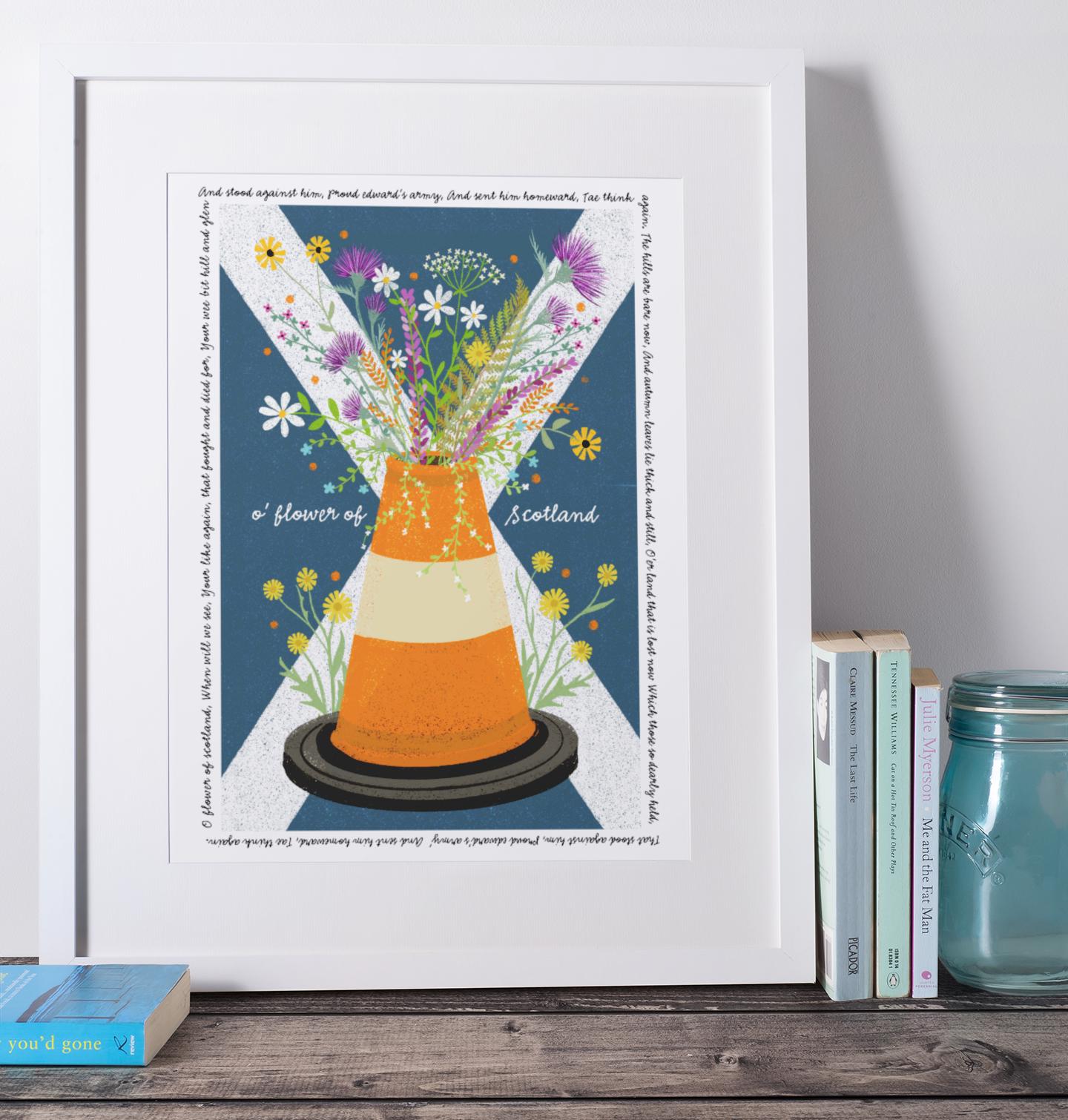 Flower of Scotland Wall Art with Road Cone and Saltire: bright and colourful floral original Scottish artwork