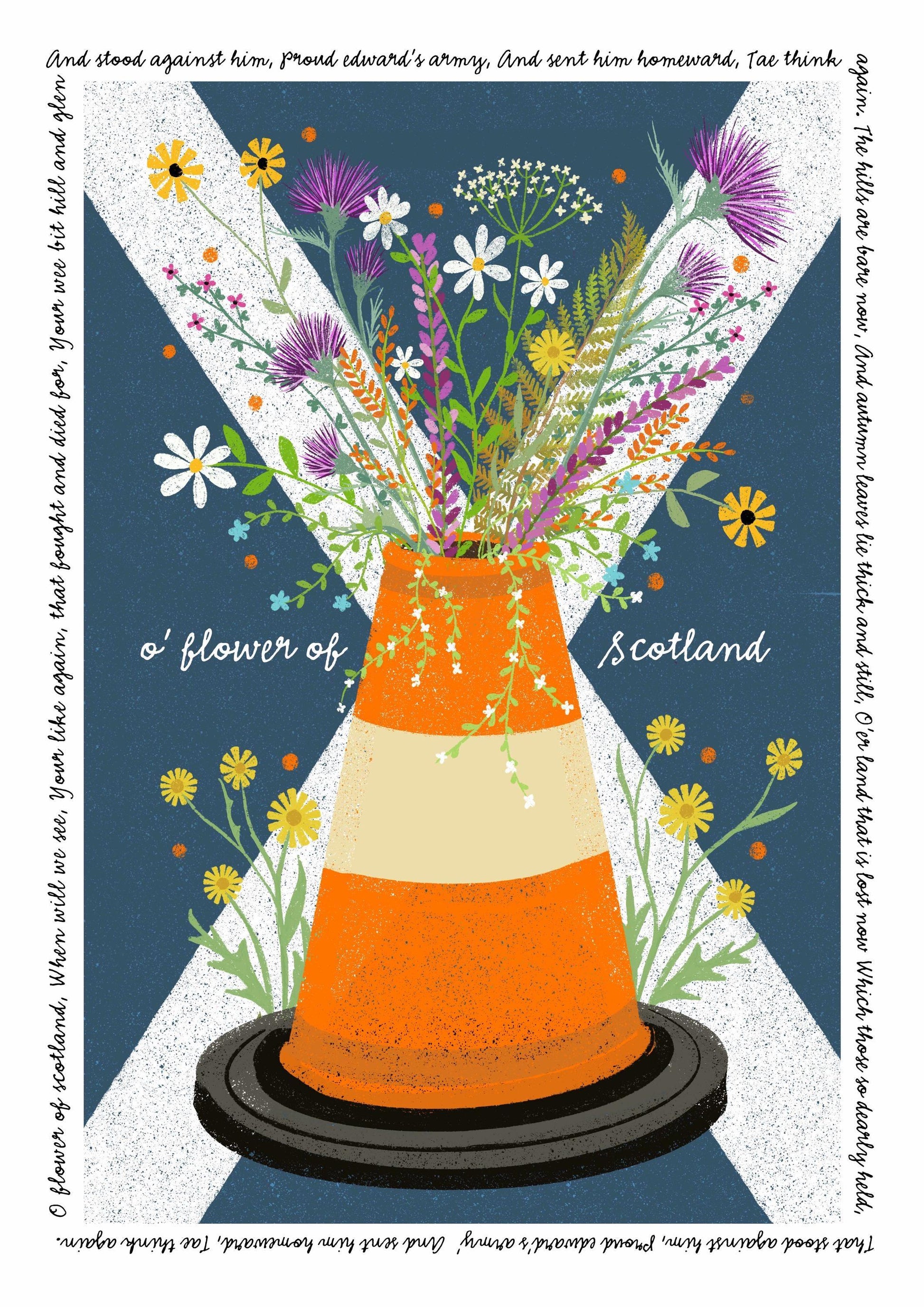 Flower of Scotland Wall Art with Road Cone and Saltire: bright and colourful floral original Scottish artwork
